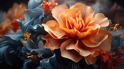 Surreal Orange Bloom Floating Amidst Ethereal Blue Waves