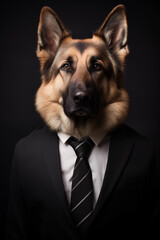 Cachorro Pastor Alemão vestido com um terno elegante e uma bela gravata. Retrato fashion de um animal antropomórfico posando com uma atitude humana