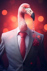 Flamingo vestido com um terno elegante e uma bela gravata. Retrato fashion de um animal antropomórfico posando com uma atitude humana - obrazy, fototapety, plakaty