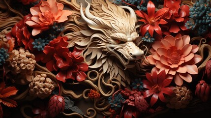Intricately Carved Dragon Amidst Blooms Symbolizing Chinese Elegance - obrazy, fototapety, plakaty
