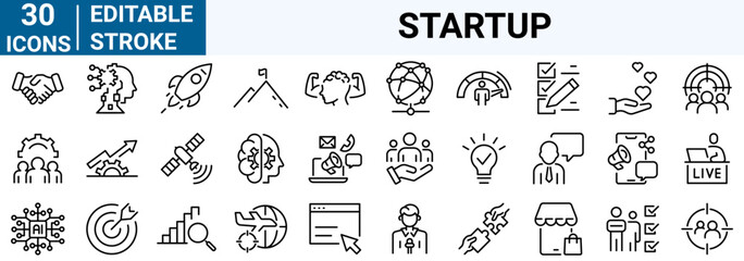 set of 30 line web icons startup. Business, Creative, idea, marketing, target, developement, collection. Editable stroke.