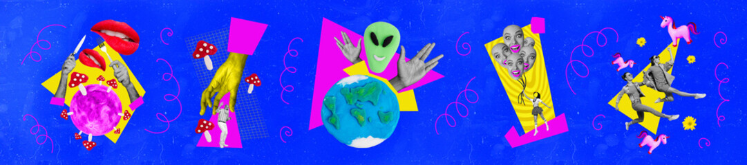Panorama collection psycho collage of planet mushrooms hand catch grandfather alien attack earth...