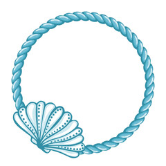 Blue sailor rope with hand drawn seashells isolated on white background. Marine background, frame
