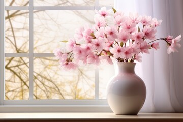Vase with beautiful flowers on windowsill in room. Sunny window.
