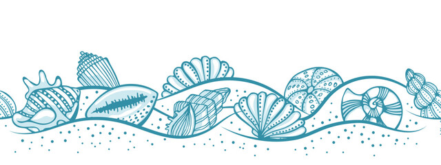 Hand drawn sea shells on the sand. Illustration of blue seashells on a white background. Vector - obrazy, fototapety, plakaty