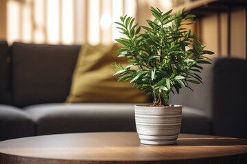 Plant in pot stand on table. Unfocus interior background.
