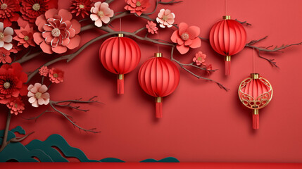 Fototapeta na wymiar Paper craft chinese lantern and plum blossom on red background, Chinese new year or Lunar new year concept, oriental background. 