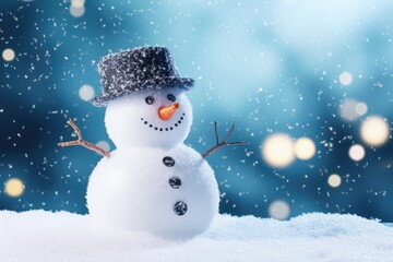 Merry Christmas and Happy New Year greeting card. Happy snowman standing in a Christmas landscape. Snow background. Winter's Tale.