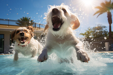 Two cute Maltese dogs enjoy playing in pet friendly hotel swimming pool on vacation. - obrazy, fototapety, plakaty