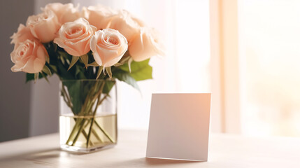 A mockup blank paper note with romantic pink rose bouquet in glass vase under morning sunlight, Valentine s day background.