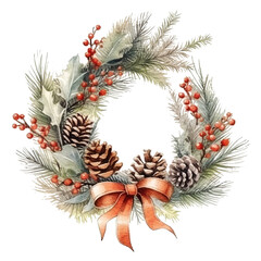 Christmas wreath with holly berries, pine and fir branches, cones, rowan berries, red bow - 681506917