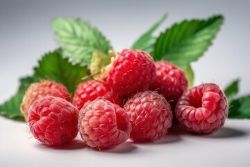 a group of red raspberry berries on a white background