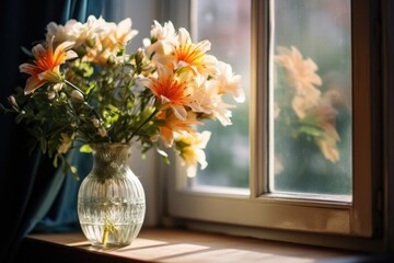 Vase with beautiful flowers on windowsill in room. Sunny window.