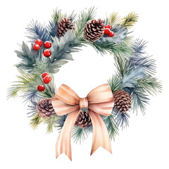 Christmas wreath with holly berries, pine and fir branches, cones, rowan berries, beige bow - 681506986
