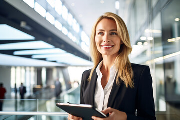 Beautiful young businesswoman with professional look, smiling holding a tablet computer in modern office building, successful woman and business concept.