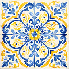 Fototapeta na wymiar Pattern of azulejos tiles. Rustic blue and yellow tile watercolor seamless pattern 