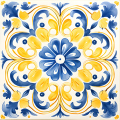 Fototapeta na wymiar Pattern of azulejos tiles. Rustic blue and yellow tile watercolor seamless pattern 