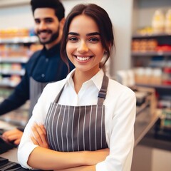 Smiling, young and attractive saleswoman, cashier smiling  in the super store with blurred background created with generative ai