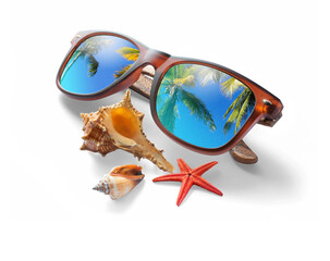 Collection of summer vacation design element. Sunglasses with reflection of palm trees and sky on a white table. PNG travel background design element with real transparent shadow on transparent backgr