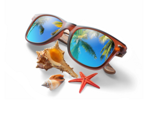 Collection of summer vacation design element. Sunglasses with reflection of palm trees and sky on a white table. PNG travel background design element with real transparent shadow on transparent backgr