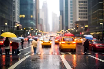 Papier Peint photo Lavable TAXI de new york the way rain transforms the cityscape, creating new perspective on familiar buildings and landmarks as they glisten in the rain