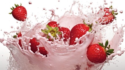 Ripe Strawberries Splashing into Creamy Pink Milkshake