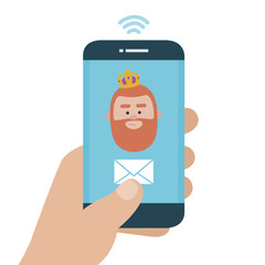 Send your letter to The three wise men of orient from your cell phone. Hand holding smartphone. Caspar