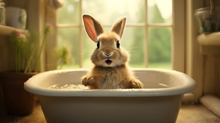 Baby rabbit in a bathtub in the bathroom
