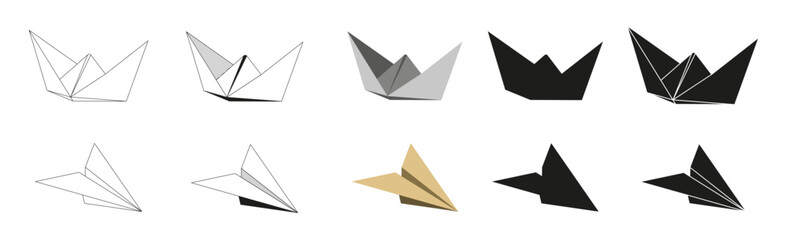 Origami ship and air plane Folded Paper Shapes. Flat Illustration Set. line, graphic, color and Black silhouette icon