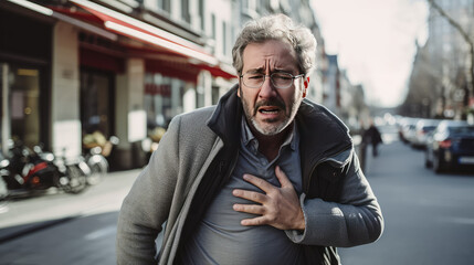 Mature man on street having heart attack, angina pectoris, myocardial infarction, chest pain, man feeling ill on street, timely prevention of cardiovascular diseases.