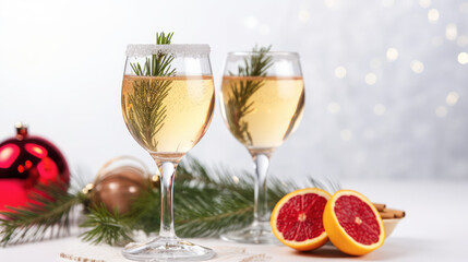 Classic glass with champagne, Christmas drink sparkling wine. Minimal style, copy space. Alcoholic drinks for Christmas party.