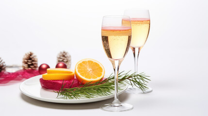 Classic glass with champagne, Christmas drink sparkling wine with lemon. Minimal style, copy space. Alcoholic drinks for Christmas party.