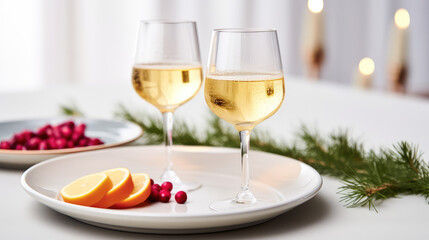 Classic glass with champagne, Christmas drink sparkling wine with lemon. Minimal style, copy space. Alcoholic drinks for Christmas party.