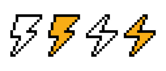 Set of lightning line icon. Electricity, danger, voltage, thunder, sky, current, natural phenomenon, pixel style. Multicolored icon on white background.