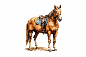Tack Up Standing Chestnut Horse in Colored Sketch Style on White Background. Equine Illustration for Equestrian Concepts and Designs.