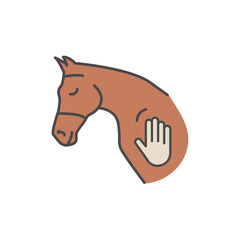 Icon of horse head and human hand touch. Concept for hippotherapy, horse therapy or healing. Physiotherapy for horses. Natural horsemanship. Equine Acupuncture. Vector illustration isolated on white. - obrazy, fototapety, plakaty