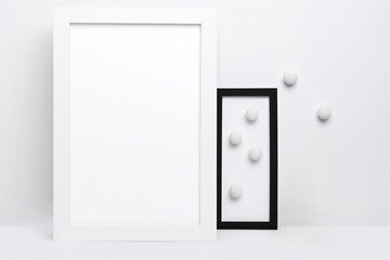 Contemporary black and white blank frames with some white snowballs for Christmas