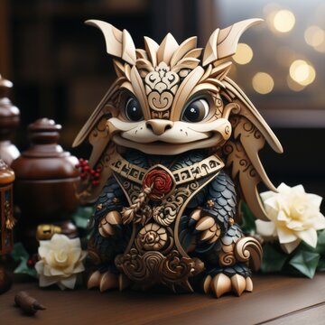 Intricately Carved Wooden Dragon Amidst Blossoms Symbolizes New Year