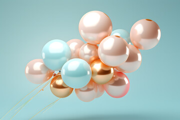 Bityhday Pink and golden balloons  isolated on blue background.