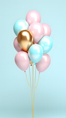 Bityhday Pink and golden balloons  isolated on blue background.