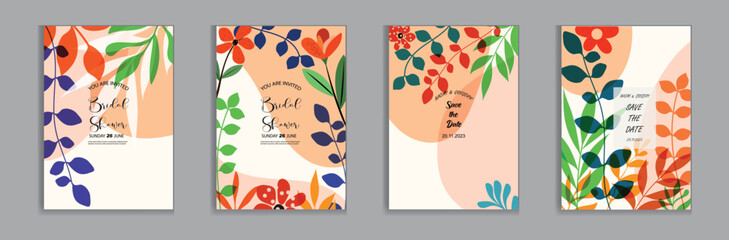 Vector bright and colorful  wedding cards, invitation template leaves, and flowers floral © mim art