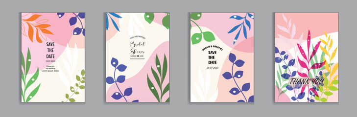 Vector bright and colorful  wedding cards, invitation template leaves, and flowers floral © mim art
