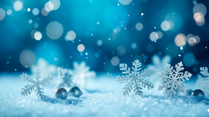 Natural Winter Christmas background with snowfall, snowflakes in different shapes and snowdrifts.