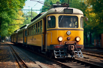 Naklejka premium Yellow vintage tram in the city center. Historical street tramway.