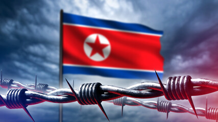 North Korean flag behind barbed wire. National symbol DPRC. Concept sanctions pressure on north Korea. Visa restrictions from DPRC. Migration policy of north Korea. Sanctions against Korea. 3d image - obrazy, fototapety, plakaty