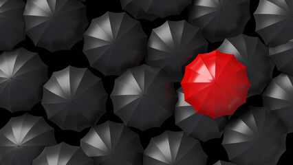 Background with umbrellas. Stylish backdrop. Red umbrella stands out among black ones. Individuality concept. One umbrella stands out from crowd. Stylish background. Fashionable umbrellas. 3d image - obrazy, fototapety, plakaty