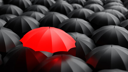 Red umbrella among many black ones. Metaphor individuality. Concept unique personality. Background for ads individuality or leadership. Backdrop for advertising. Background with umbrellas. 3d image