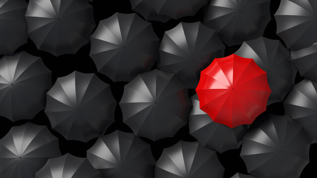 Background with umbrellas. Stylish backdrop. Red umbrella stands out among black ones. Individuality concept. One umbrella stands out from crowd. Stylish background. Fashionable umbrellas. 3d image
