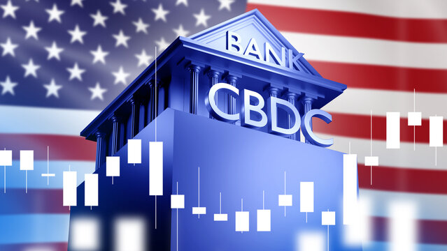CBDC USA. Central bank digital currency. National blockchain currency USA. Bank America building. CBDC from USA federal reserve. Fluctuating CBDC USD rate chart. Blockchain, cryptocurrency. 3d image