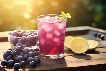 Enjoying a glass of refreshing grape lemonade on a rustic wooden table under the warm sunlight